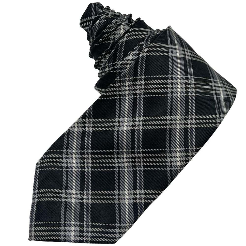 Pronto Uomo Couture Necktie Men's Tie Black Gray Plaid 100% Silk Hand‎ Made